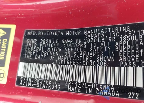 2014 Toyota Corolla Le z USA, uszkodzony, nr VIN 2T1BURHE5EC030206